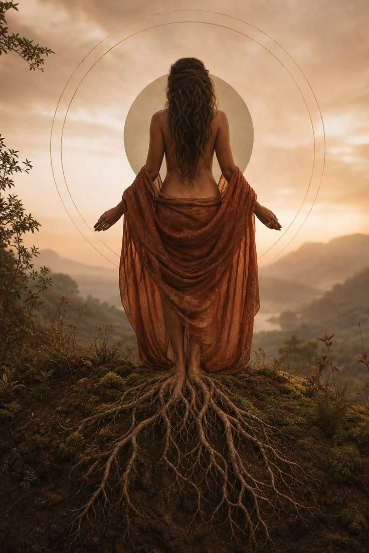 Woman standing on a mossy ridge at dusk, roots spreading beneath her