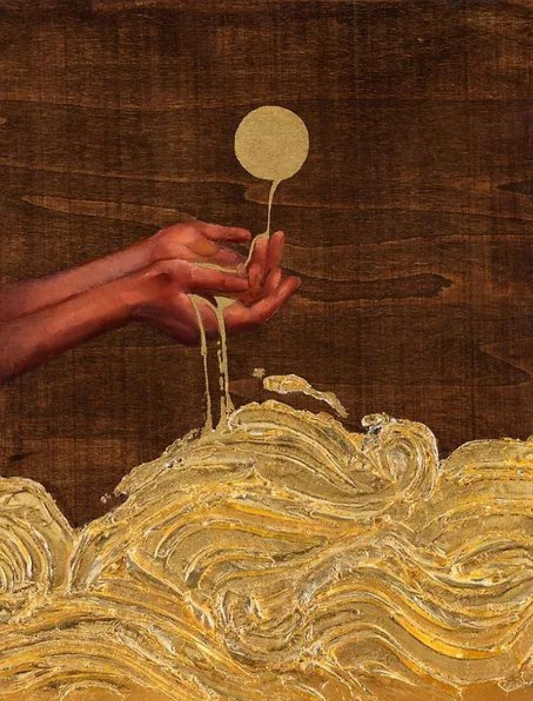 Painting of hands lifting a gold bloom from a field of thick gold brushwork